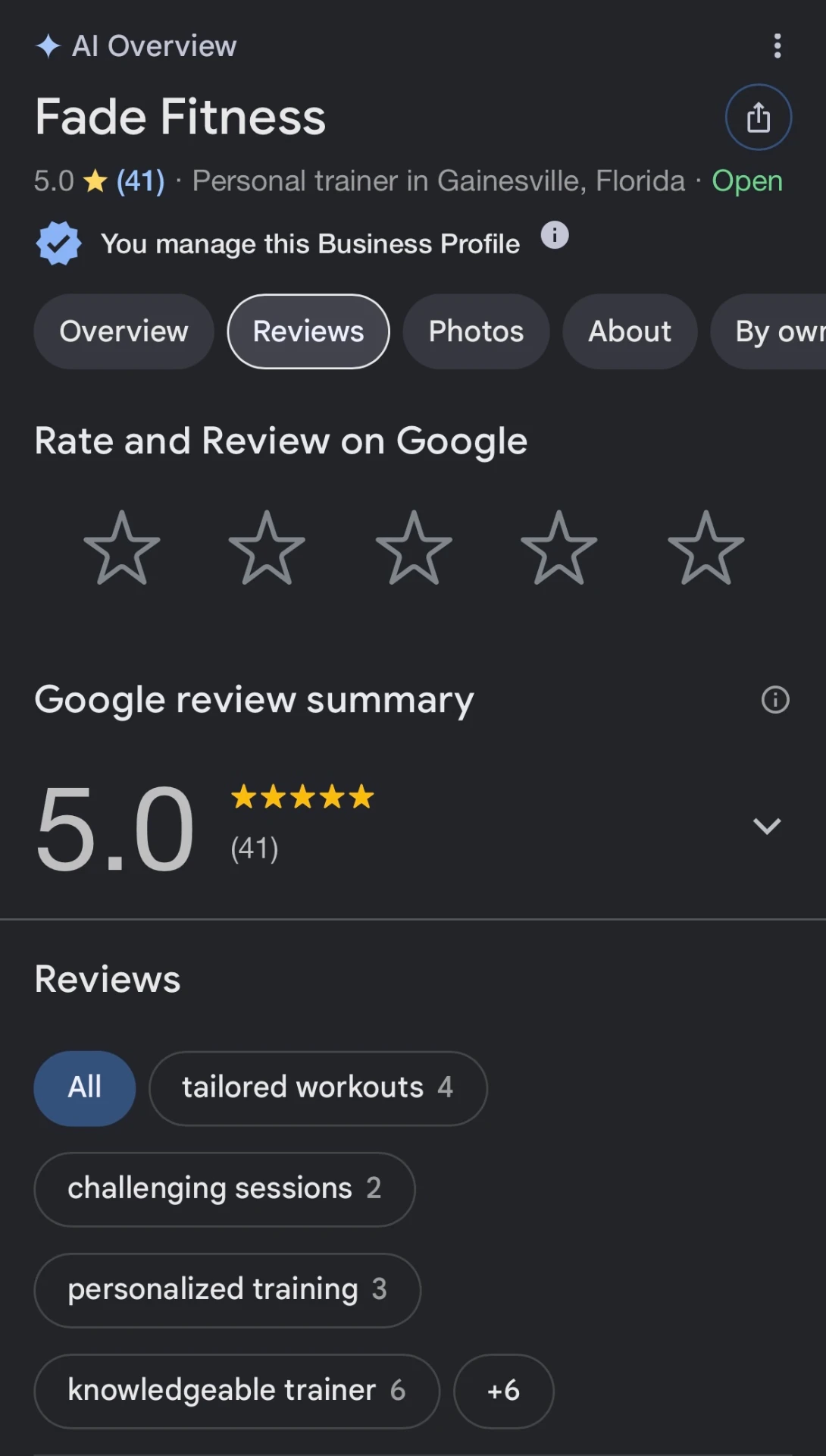 Fade Fitness Google profile showing a 5.0 rating across 41 reviews